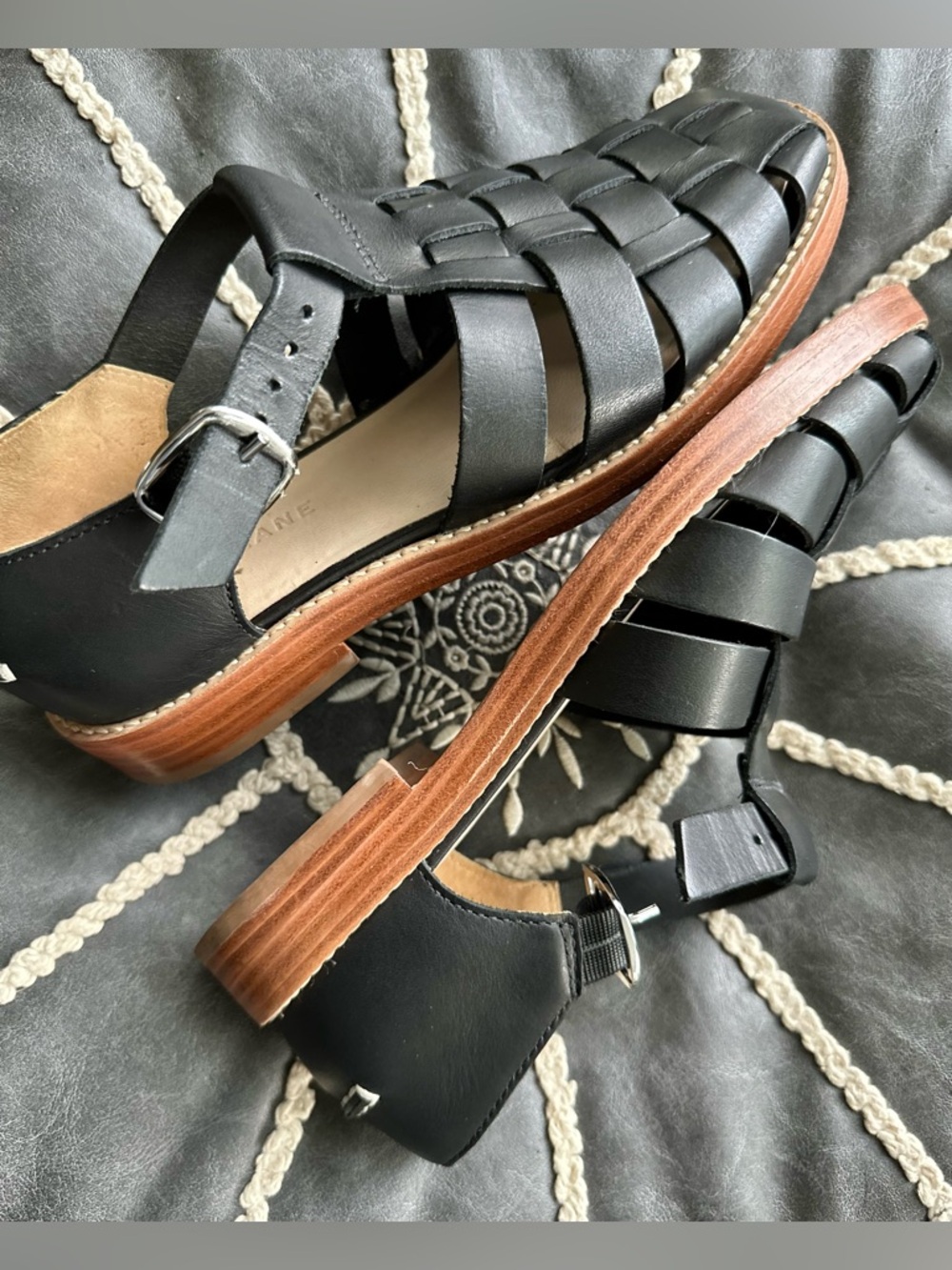 Everlane Black Leather Fisherman Sandals with Brown Stacked Sole